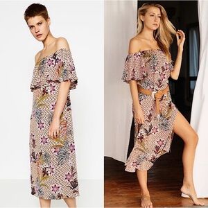 Zara Off-The-Shoulder Tropical Print Midi Dress (M)